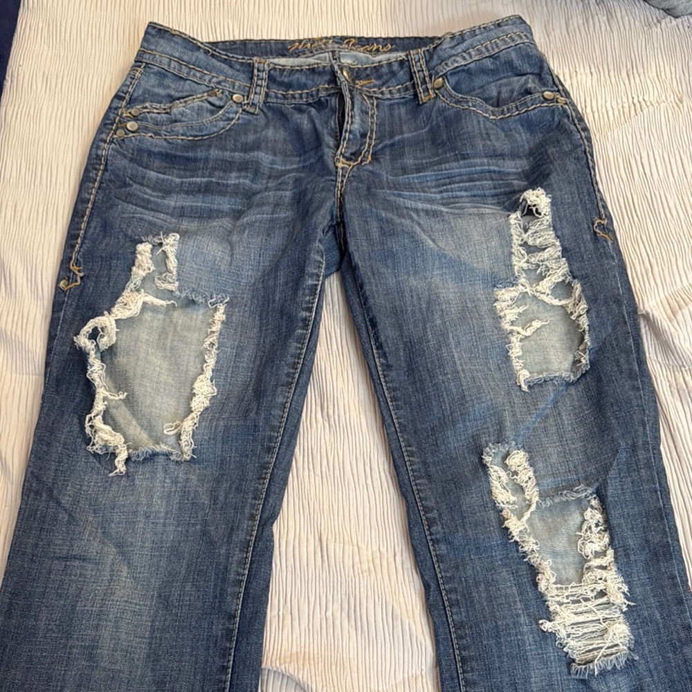 Medium Wash Blue Straight Leg Jeans with Distressing - Picture 2 of 7